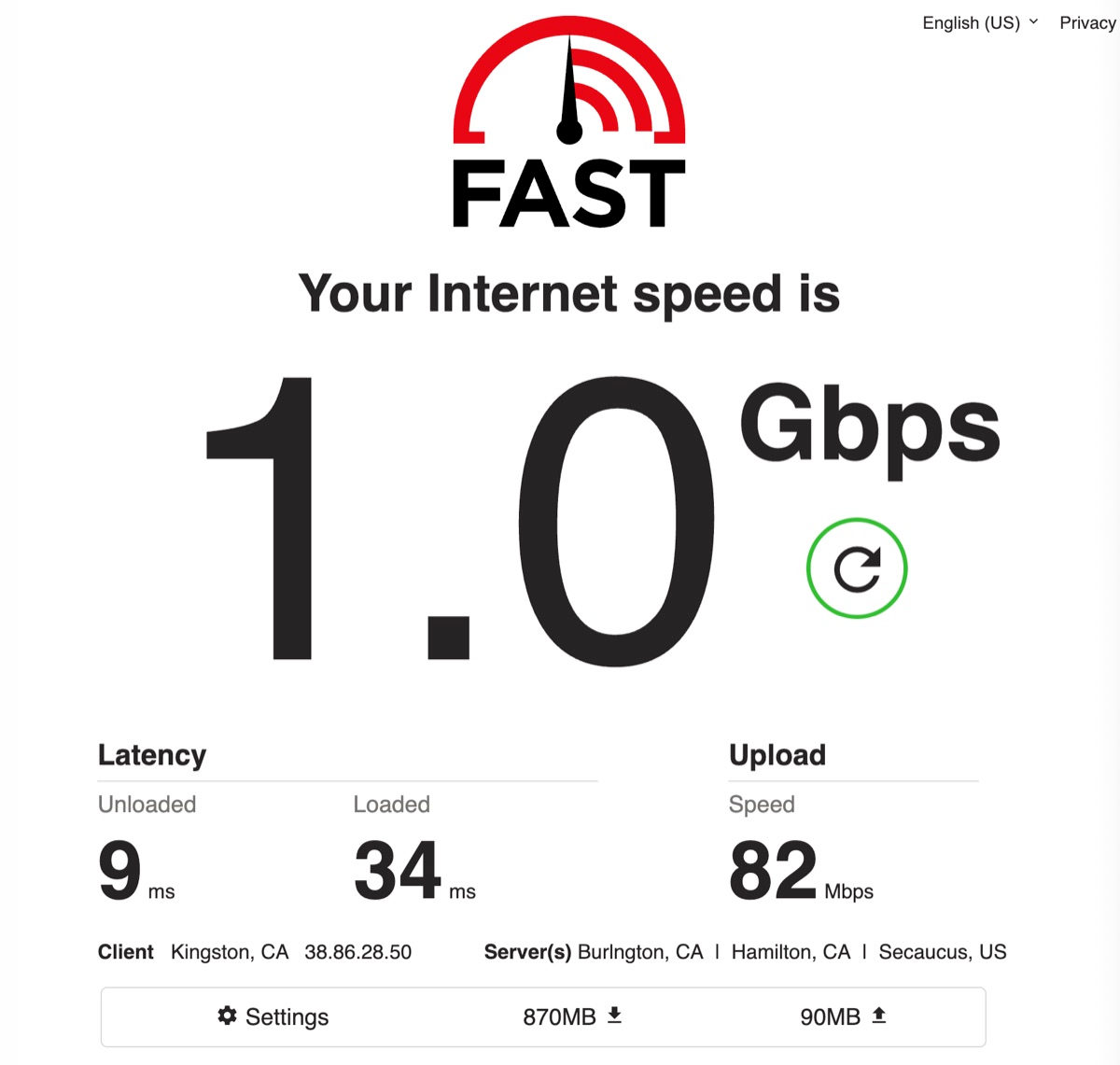fast.com result on oxio: 1.0 Gbps download, 82 Mbps upload, 9 ms unloaded latency, 34 ms loaded