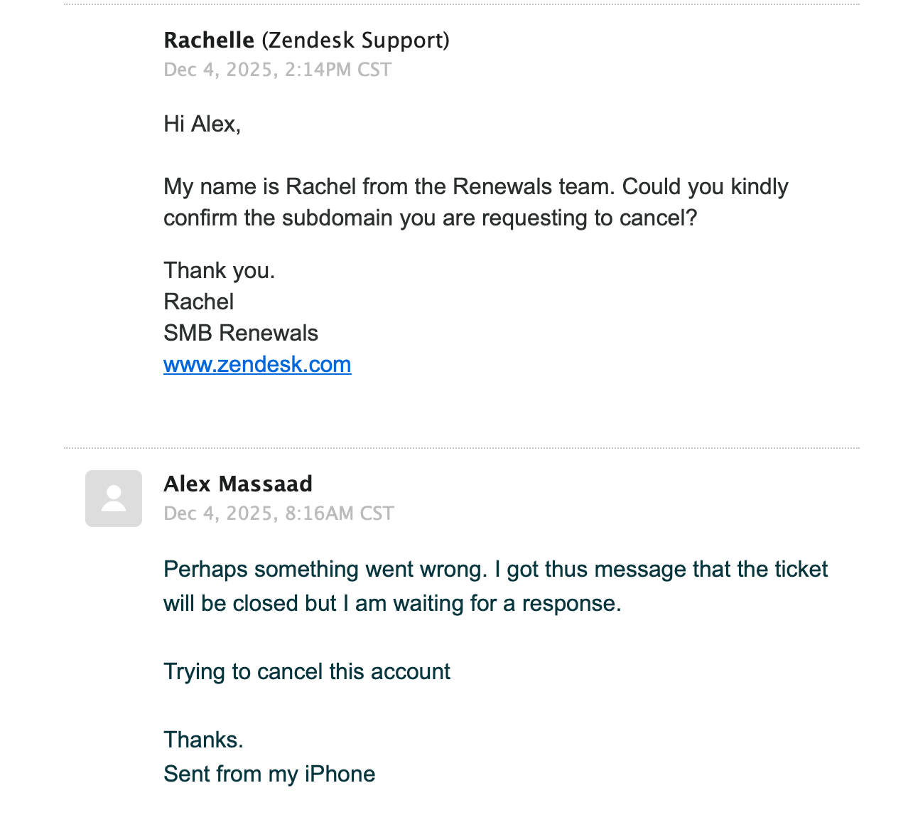 Rachel asking for subdomain confirmation - after 5 days in a thread about my account