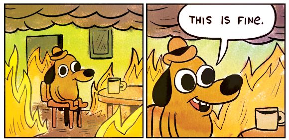 Two-panel comic of a cartoon dog sitting in a burning room, calmly saying "this is fine"